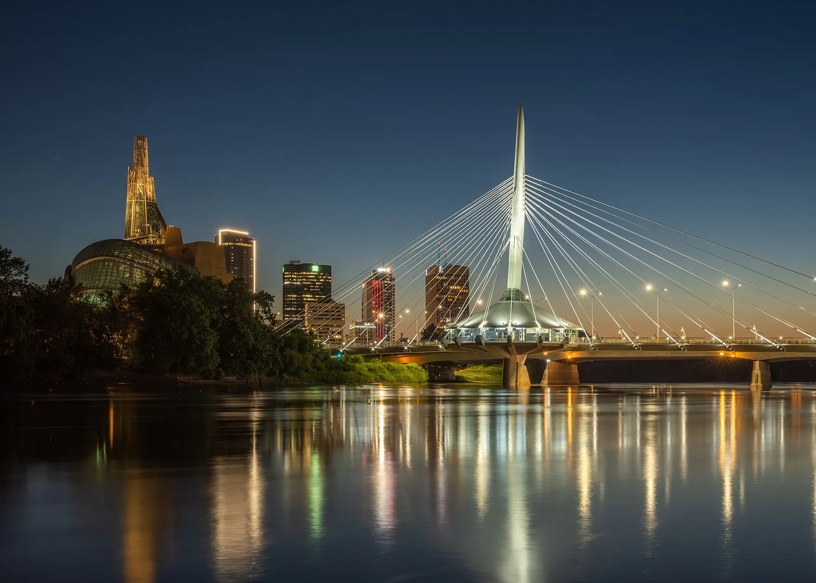 Esplanade Riel bridge and downtown Winnipeg at dusk