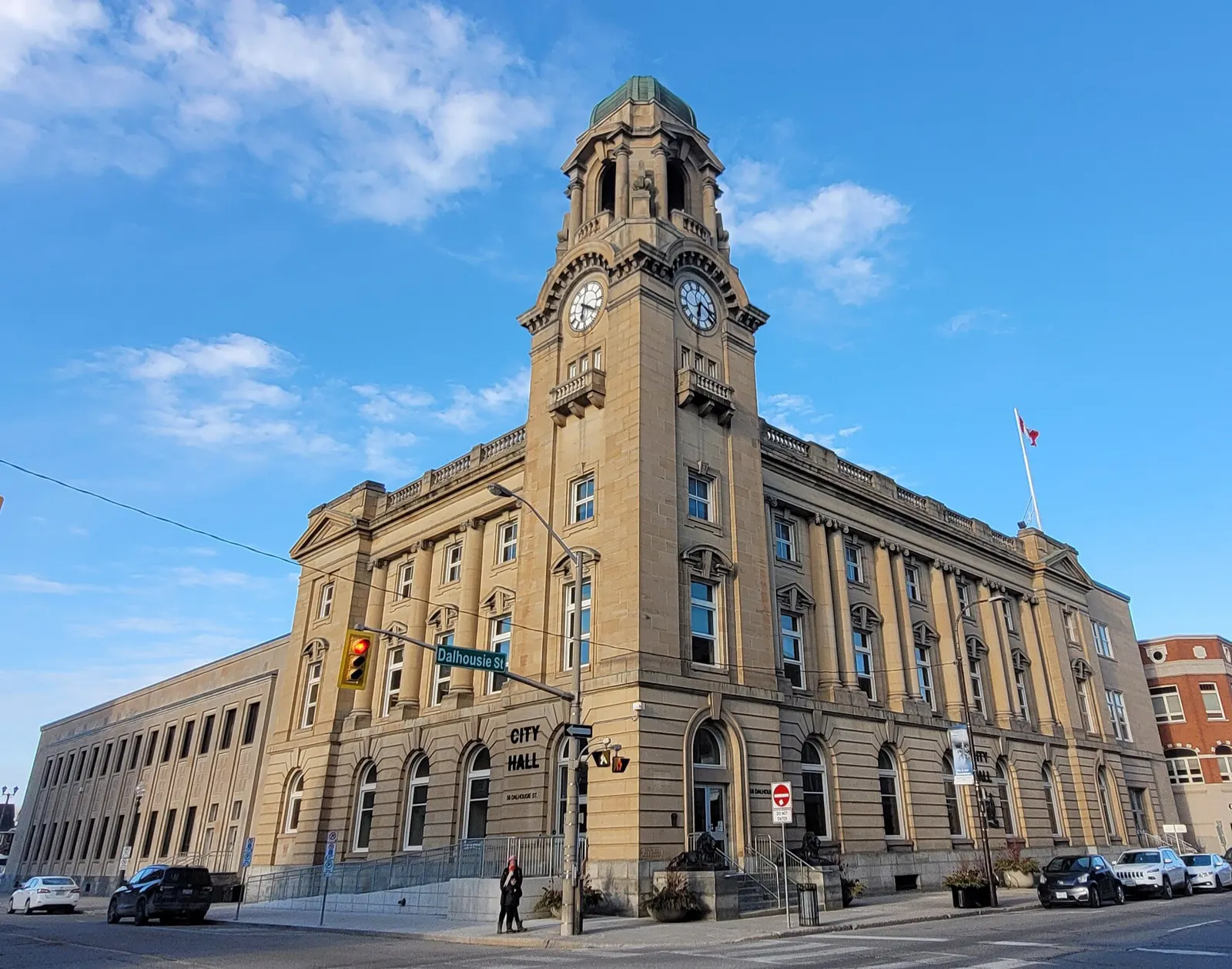 Historic federal building and clock tower in downtown Brantford