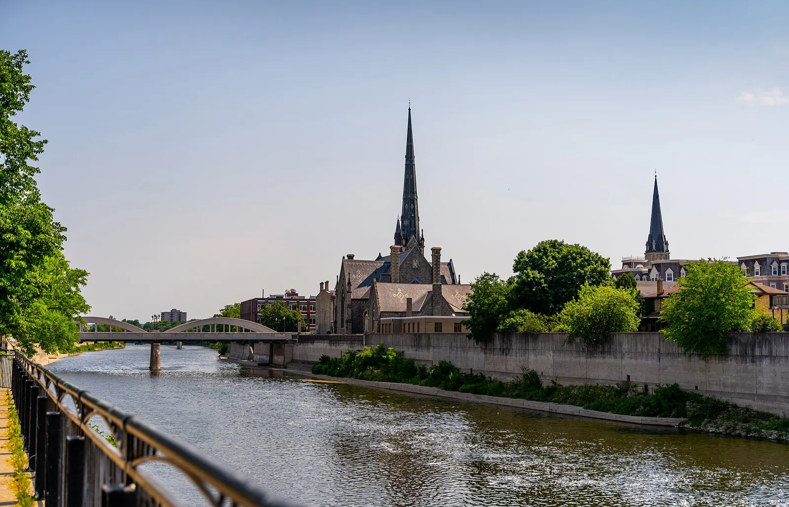 Grand River and church spires in Galt, Cambridge