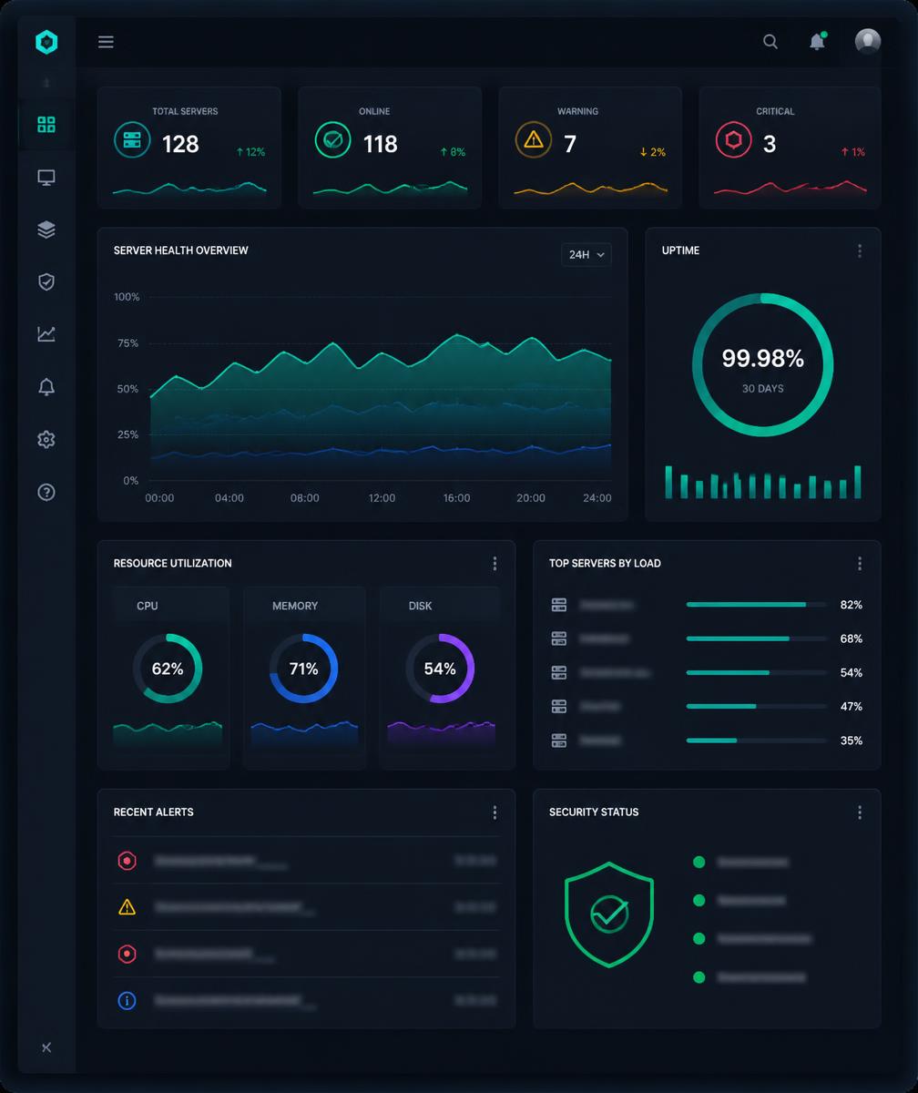 IT monitoring dashboard showing server health, uptime and security status